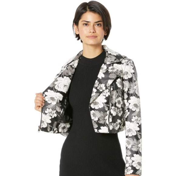 🔥SOLD🔥Sam Edelman Gray Black White Vegan Leather Floral Moto Jacket Size S NWT - Picture 2 of 9